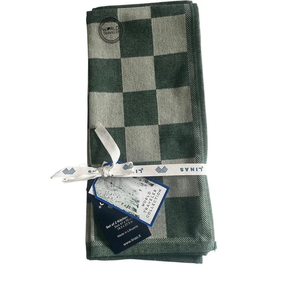 Linas World Traveler Kitchen Dish Towels Set of 2 Green Recycled Cotton Check